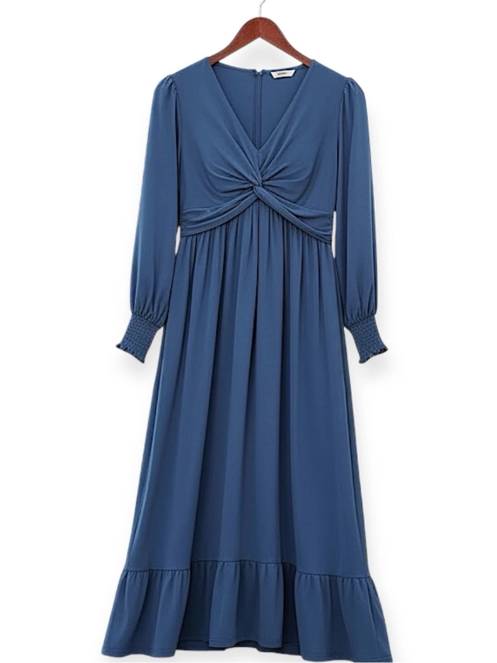 Dokotoo NWT Women’s Blue Twist Front Midi Dress Size M Long Sleeve Ruffle Hem